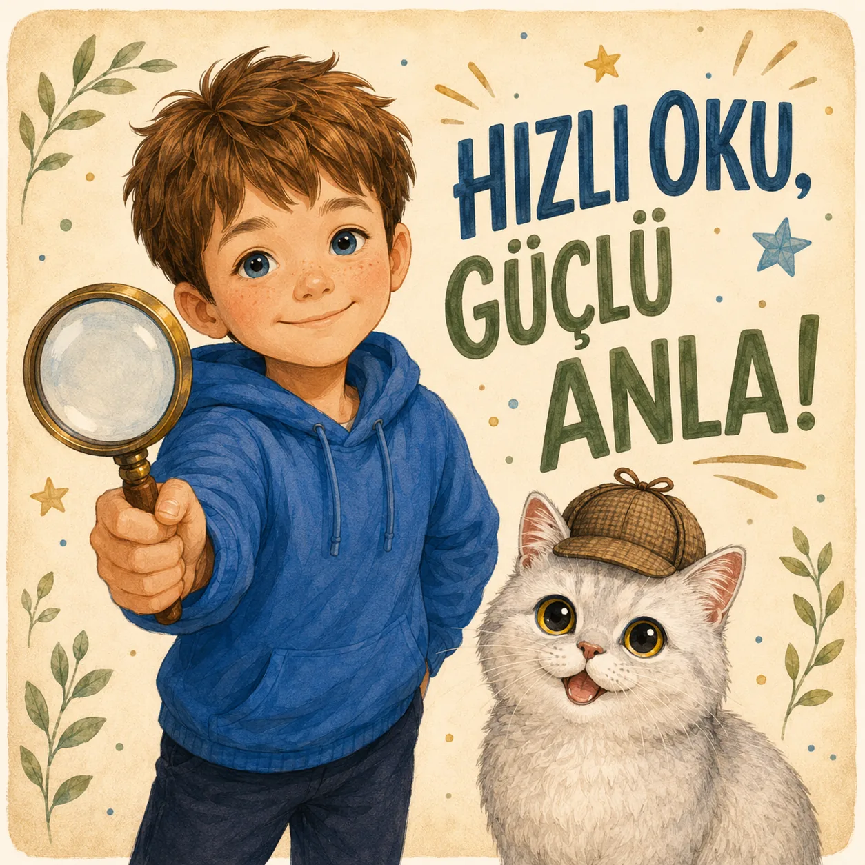 Elinde büyüteç tutan Dorukhan ve dedektif şapkalı kedi Papi; yanlarında “Hızlı oku, güçlü anla!” yazıyor