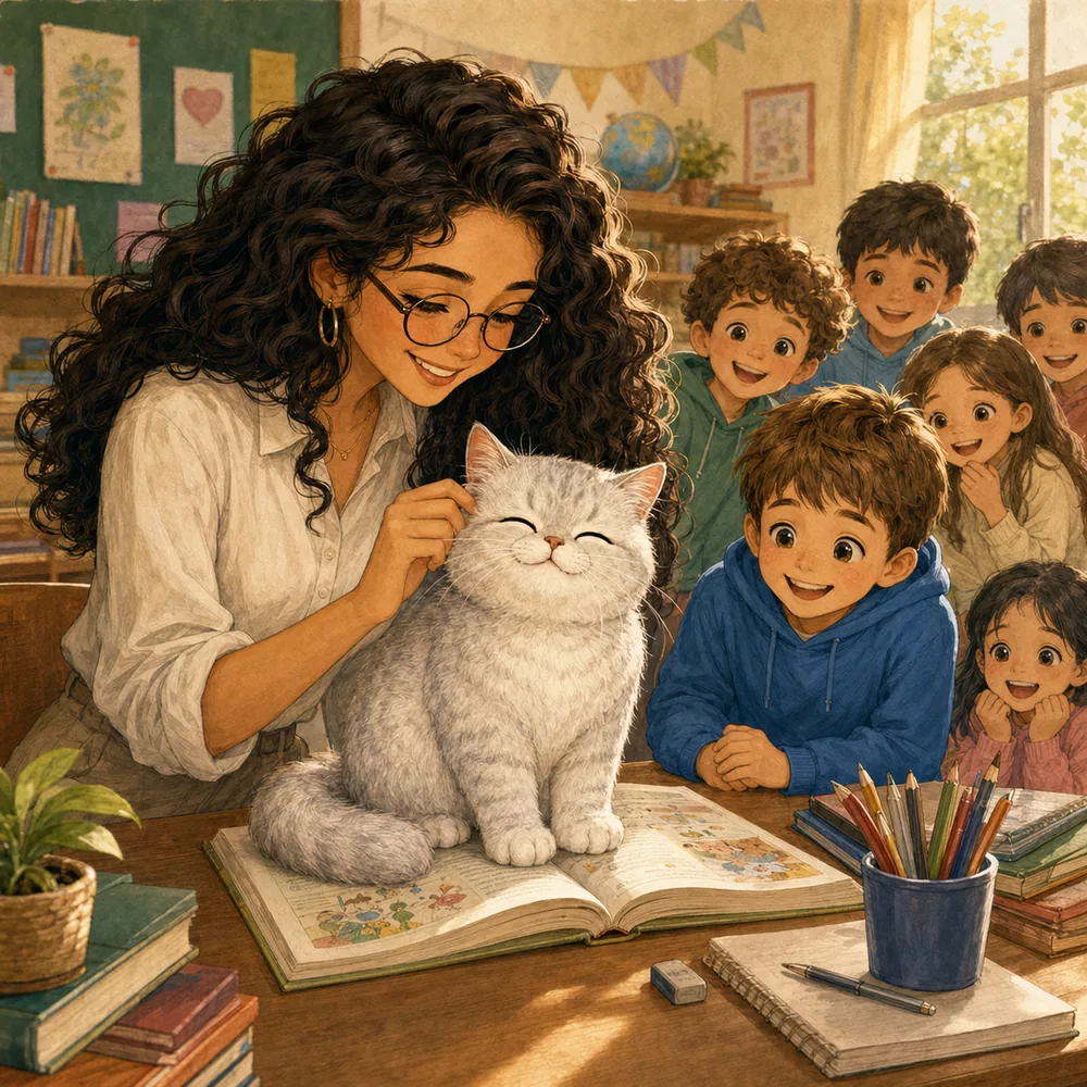 Sihem Badur sınıfta, kedisi ve öğrencileriyle birlikte kitabın başında
